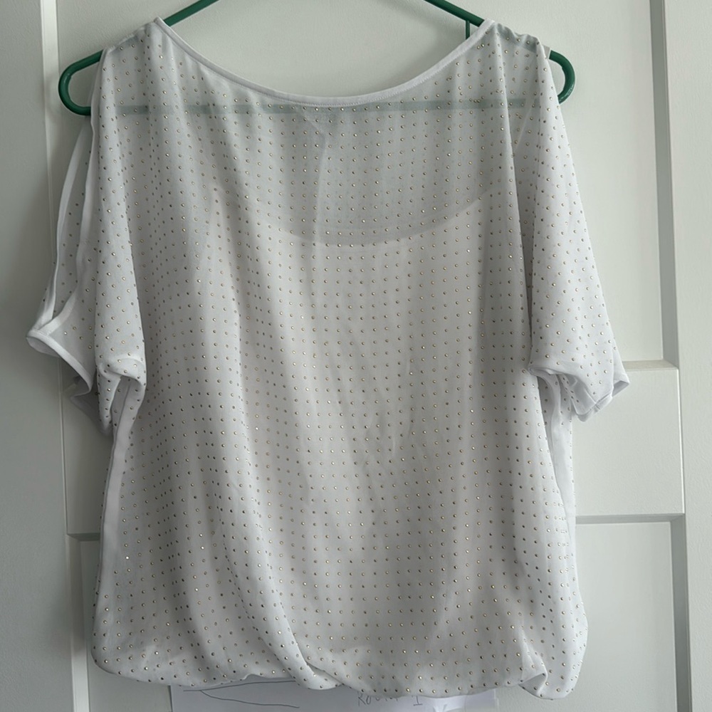Cache Short Sleeve Blouse Accented with Gold Studs